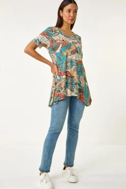 Roman Blue Floral Print Hanky Hem Tunic Top