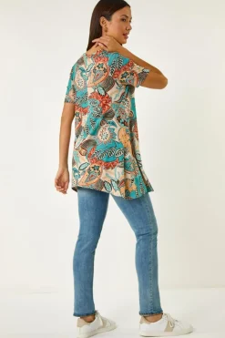 Roman Blue Floral Print Hanky Hem Tunic Top