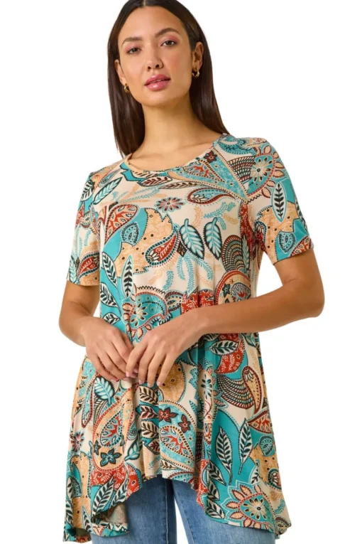 Roman Blue Floral Print Hanky Hem Tunic Top