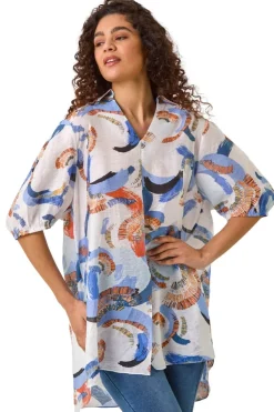 Roman Blue Floral Print Longline Overshirt