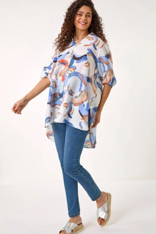Roman Blue Floral Print Longline Overshirt