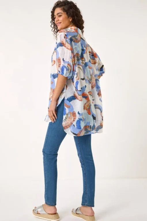 Roman Blue Floral Print Longline Overshirt