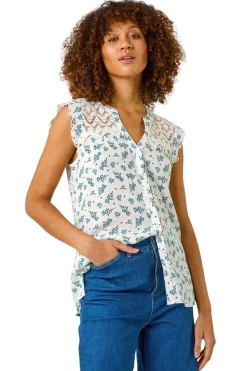 Roman Blue Floral Print Lace Yoke Blouse