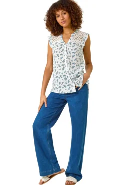 Roman Blue Floral Print Lace Yoke Blouse