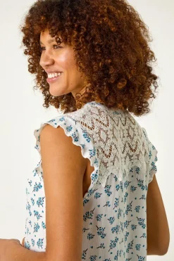 Roman Blue Floral Print Lace Yoke Blouse