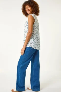 Roman Blue Floral Print Lace Yoke Blouse