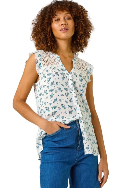 Roman Blue Floral Print Lace Yoke Blouse