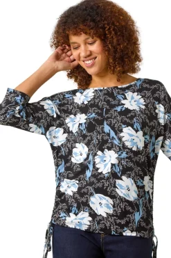 Roman Blue Floral Print Side Tie Stretch Top