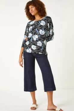 Roman Blue Floral Print Side Tie Stretch Top