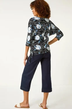 Roman Blue Floral Print Side Tie Stretch Top