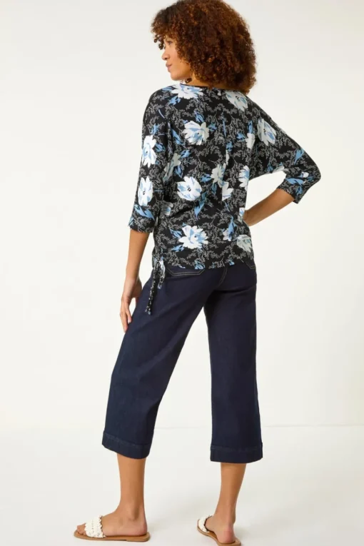 Roman Blue Floral Print Side Tie Stretch Top