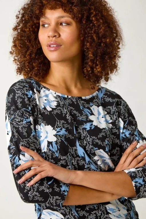 Roman Blue Floral Print Side Tie Stretch Top