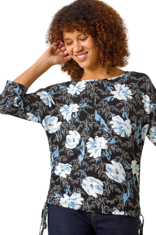 Roman Blue Floral Print Side Tie Stretch Top