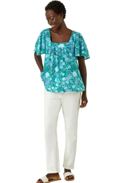 Roman Blue Floral Print Square Neck Top