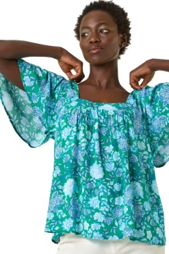Roman Blue Floral Print Square Neck Top