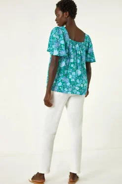 Roman Blue Floral Print Square Neck Top