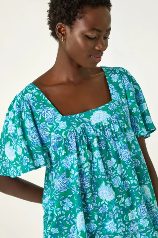Roman Blue Floral Print Square Neck Top
