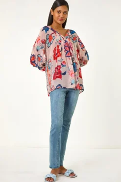 Roman Blue Floral Print Tie Front Top