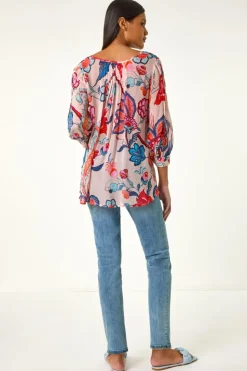 Roman Blue Floral Print Tie Front Top