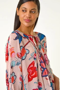 Roman Blue Floral Print Tie Front Top