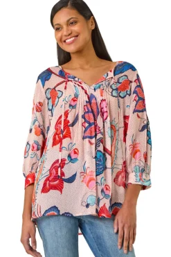Roman Blue Floral Print Tie Front Top