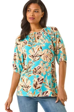 Roman Blue Floral Printed Keyhole Front Stretch Top