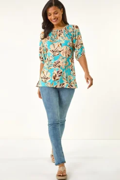 Roman Blue Floral Printed Keyhole Front Stretch Top
