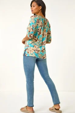 Roman Blue Floral Printed Keyhole Front Stretch Top