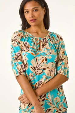 Roman Blue Floral Printed Keyhole Front Stretch Top