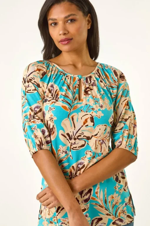 Roman Blue Floral Printed Keyhole Front Stretch Top