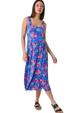 Roman Blue Floral Shirred Strap Midi Dress