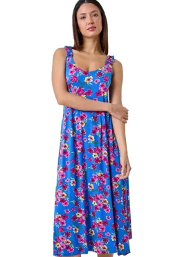 Roman Blue Floral Shirred Strap Midi Dress