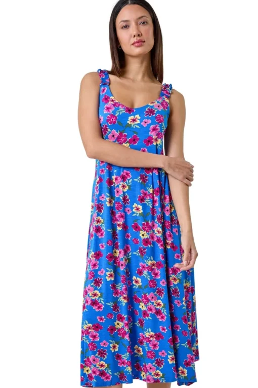 Roman Blue Floral Shirred Strap Midi Dress