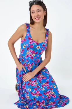 Roman Blue Floral Shirred Strap Midi Dress