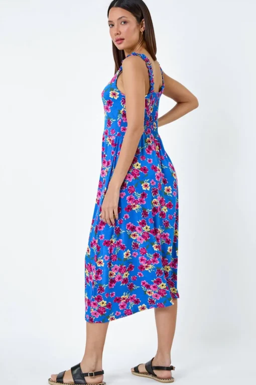 Roman Blue Floral Shirred Strap Midi Dress