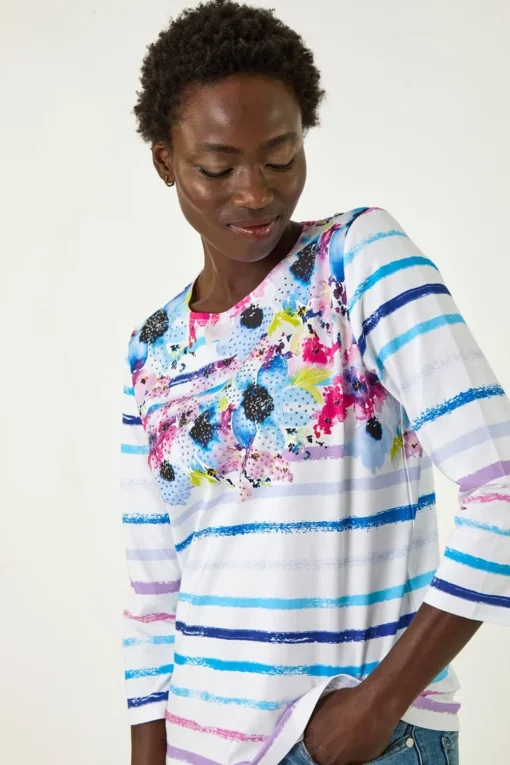 Roman Blue Floral Stripe Hotfix Top