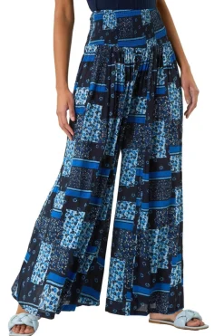 Roman Blue Floral Tile Print Palazzo Wide Leg Trouser
