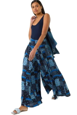 Roman Blue Floral Tile Print Palazzo Wide Leg Trouser