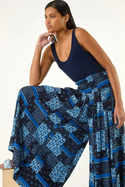 Roman Blue Floral Tile Print Palazzo Wide Leg Trouser