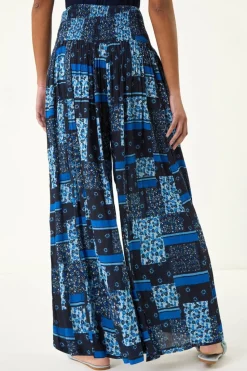 Roman Blue Floral Tile Print Palazzo Wide Leg Trouser