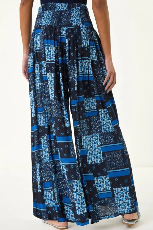 Roman Blue Floral Tile Print Palazzo Wide Leg Trouser