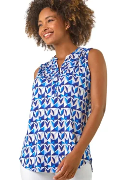Roman Blue Geometric Gathered Vest Top