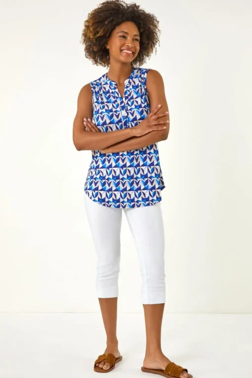 Roman Blue Geometric Gathered Vest Top