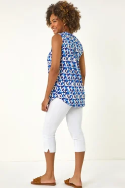 Roman Blue Geometric Gathered Vest Top
