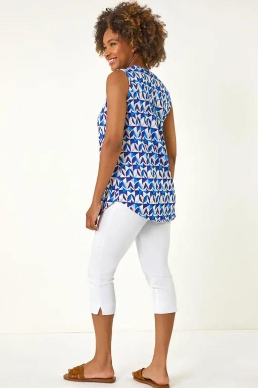 Roman Blue Geometric Gathered Vest Top