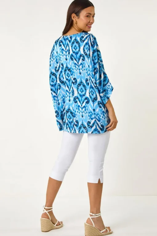 Roman Blue Ikat Print Tunic Top