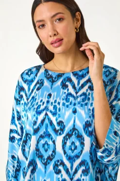 Roman Blue Ikat Print Tunic Top