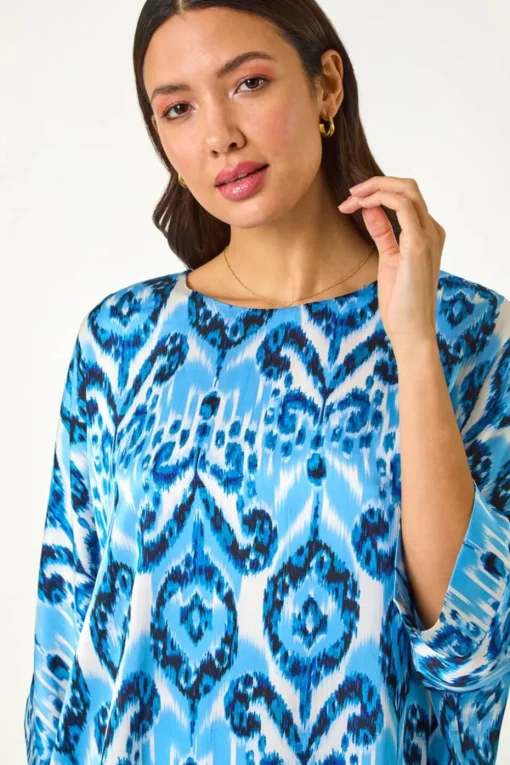 Roman Blue Ikat Print Tunic Top