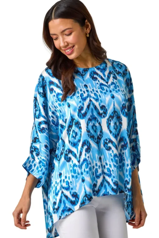 Roman Blue Ikat Print Tunic Top