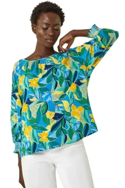 Roman Blue Leaf Print 3/4 Sleeve Top
